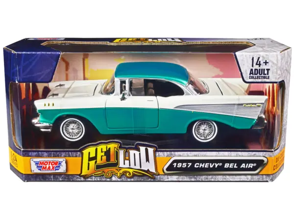 1957 Chevrolet Bel Air Lowrider Turquoise Metallic and White "Get Low" Series 1/24 Diecast Model Car by Motormax #1