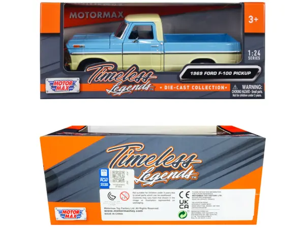 1969 Ford F-100 Pickup Truck Light Blue and Cream "Timeless Legends" Series 1/24 Diecast Model Car by Motormax #3