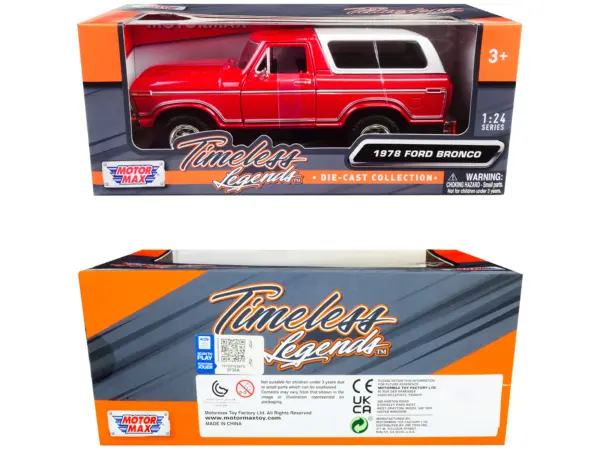 1978 Ford Bronco Custom Red and White "Timeless Legends" Series 1/24 Diecast Model Car by Motormax #3