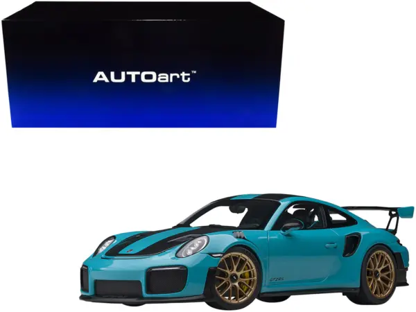 Porsche 911 (991.2) GT2 RS Weissach Package Miami Blue with Carbon Stripes 1/18 Model Car by Autoart #1