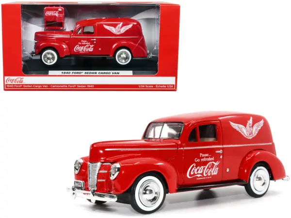 1940 Ford Sedan Cargo Van Red "Pause... Go Refreshed Coca-Cola" with Vending Machine Accessory 1/24 Diecast Model Car by Motor City Classics #1