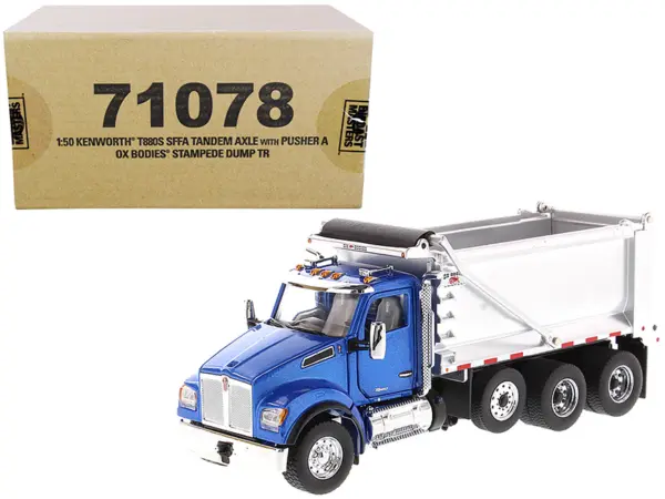 Kenworth T880S SFFA Tandem Axle with Pusher Axle OX Stampede Dump Truck Blue and Chrome "Transport Series" 1/50 Diecast Model by Diecast Masters #1