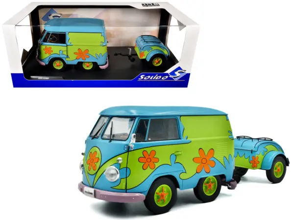 2024 Volkswagen Kool Kombi Van with Trailer "Ghost Hunter" Blue and Green with Graphics 1/18 Diecast Model Car by Solido #1