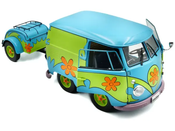 2024 Volkswagen Kool Kombi Van with Trailer "Ghost Hunter" Blue and Green with Graphics 1/18 Diecast Model Car by Solido #2