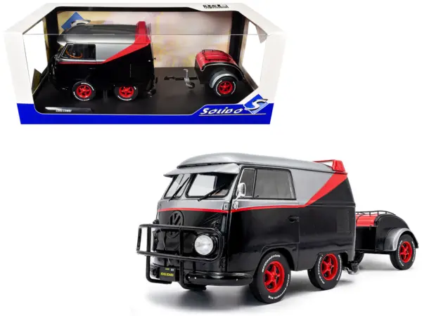 2024 Volkswagen Kool Kombi Sport Van with Trailer Black and Silver with Red Stripe 1/18 Diecast Model Car by Solido #1