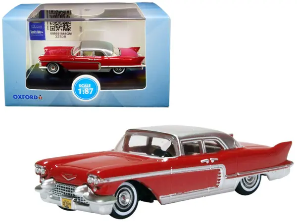 1957 Cadillac Eldorado Brougham Dakota Red with Silver Metallic Top 1/87 (HO) Scale Diecast Model Car by Oxford Diecast #1