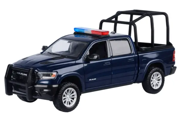 2019 RAM 1500 Laramie Crew Cab Pickup Truck with Bed Cage Dark Blue with Flashing Light Bar and Front and Rear Lights and Sounds 1/27 Diecast Model Car by Motormax #2