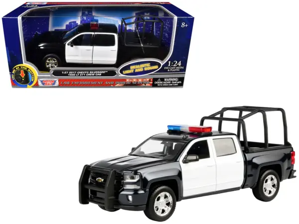2017 Chevrolet Silverado 1500 LT Z71 Crew Cab Pickup Truck with Bed Cage Black and White with Flashing Light Bar and Front and Rear Lights and Sounds 1/27 Diecast Model Car by Motormax #1