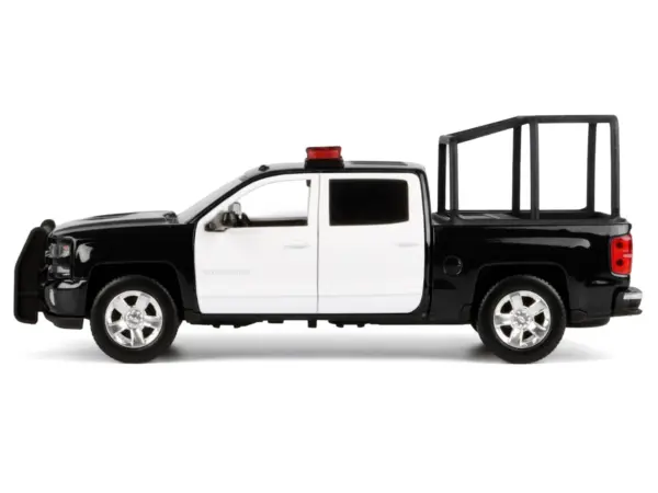 2017 Chevrolet Silverado 1500 LT Z71 Crew Cab Pickup Truck with Bed Cage Black and White with Flashing Light Bar and Front and Rear Lights and Sounds 1/27 Diecast Model Car by Motormax #3
