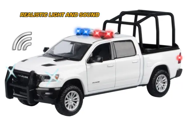 2019 RAM 1500 Laramie Crew Cab Pickup Truck with Bed Cage White with Flashing Light Bar and Front and Rear Lights and Sounds 1/27 Diecast Model Car by Motormax #3