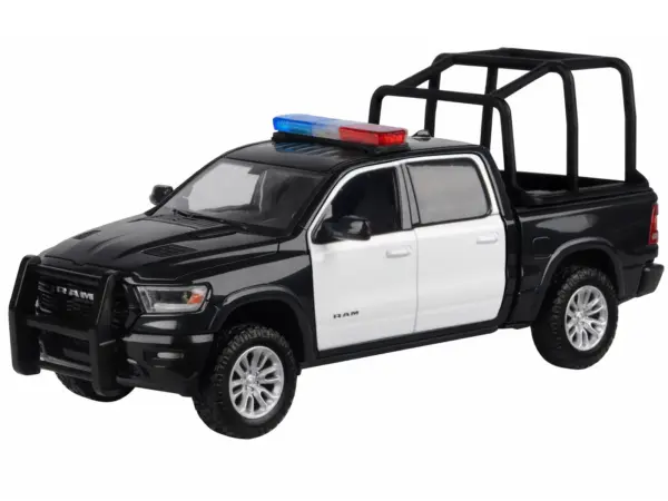 2019 RAM 1500 Laramie Crew Cab Pickup Truck with Bed Cage Black and White with Flashing Light Bar and Front and Rear Lights and Sounds 1/27 Diecast Model Car by Motormax #2