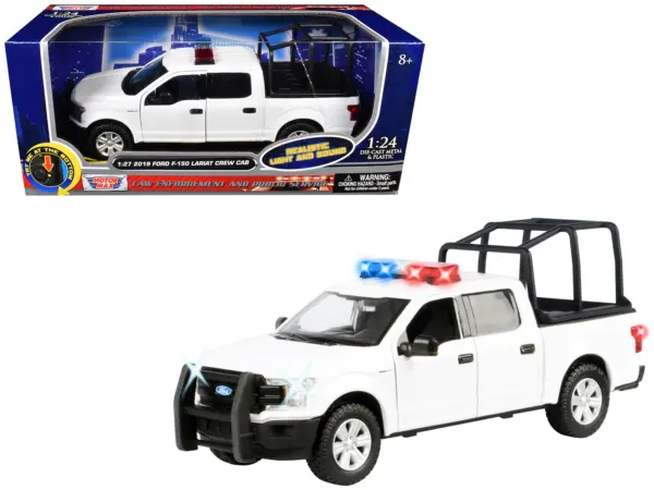 2019 Ford F-150 Lariat Crew Cab Pickup Truck with Bed Cage White with Flashing Light Bar and Front and Rear Lights and Sounds 1/27 Diecast Model Car by Motormax #1