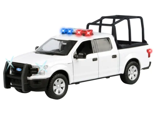 2019 Ford F-150 Lariat Crew Cab Pickup Truck with Bed Cage White with Flashing Light Bar and Front and Rear Lights and Sounds 1/27 Diecast Model Car by Motormax #2