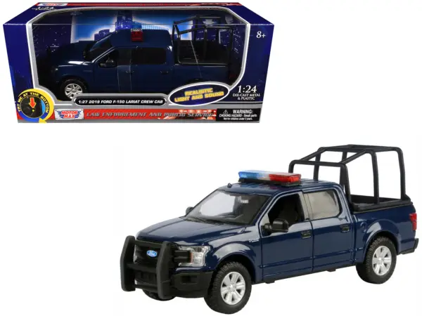 2019 Ford F-150 Lariat Crew Cab Pickup Truck with Bed Cage Dark Blue with Flashing Light Bar and Front and Rear Lights and Sounds 1/27 Diecast Model Car by Motormax #1