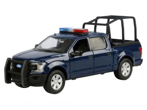 2019 Ford F-150 Lariat Crew Cab Pickup Truck with Bed Cage Dark Blue with Flashing Light Bar and Front and Rear Lights and Sounds 1/27 Diecast Model Car by Motormax #2