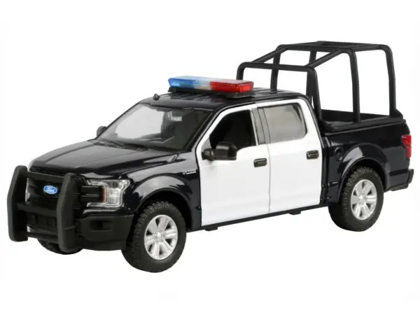 2019 Ford F-150 Lariat Crew Cab Pickup Truck with Bed Cage Black and White with Flashing Light Bar and Front and Rear Lights and Sounds 1/27 Diecast Model Car by Motormax #2