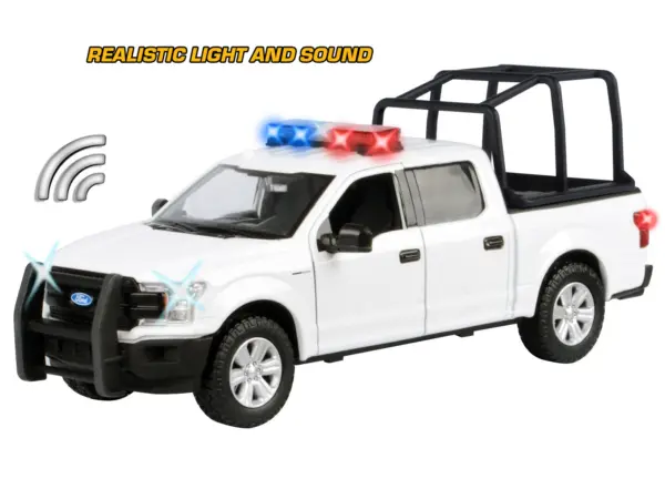 2019 Ford F-150 Lariat Crew Cab Pickup Truck with Bed Cage White with Flashing Light Bar and Front and Rear Lights and Sounds 1/27 Diecast Model Car by Motormax #3
