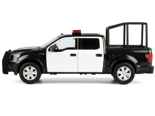 2019 Ford F-150 Lariat Crew Cab Pickup Truck with Bed Cage Black and White with Flashing Light Bar and Front and Rear Lights and Sounds 1/27 Diecast Model Car by Motormax #3