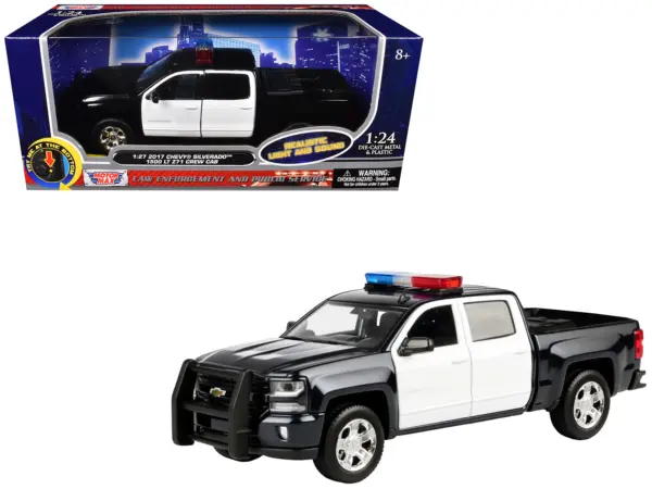 2017 Chevrolet Silverado 1500 LT Z71 Crew Cab Pickup Truck Black and White with Flashing Light Bar and Front and Rear Lights and Sounds 1/27 Diecast Model Car by Motormax #1