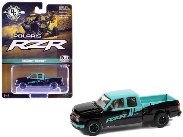 2006 Chevrolet Silverado Pickup Truck "Polaris RZR" Black and Blue "Big Country Collectibles" 2025 Series 1/64 Diecast Model Car by Auto World #1
