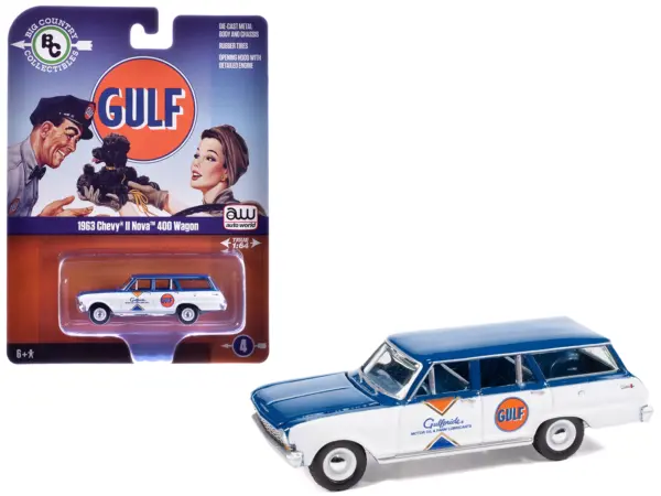 1963 Chevrolet II Nova 400 Wagon "Gulf" Blue and White with Blue Interior "Big Country Collectibles" 2025 Series 1/64 Diecast Model Car by Auto World #1