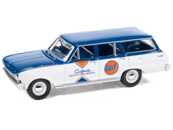 1963 Chevrolet II Nova 400 Wagon "Gulf" Blue and White with Blue Interior "Big Country Collectibles" 2025 Series 1/64 Diecast Model Car by Auto World #2