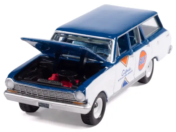 1963 Chevrolet II Nova 400 Wagon "Gulf" Blue and White with Blue Interior "Big Country Collectibles" 2025 Series 1/64 Diecast Model Car by Auto World #3
