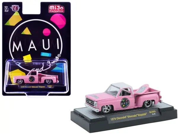 1979 Chevrolet Silverado Stepside Pickup Truck "Maui & Sons" Pink with White Top and Surfboard Limited Edition to 8360 pieces Worldwide 1/64 Diecast Model Car by M2 Machines #1