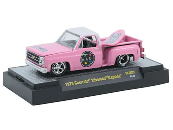1979 Chevrolet Silverado Stepside Pickup Truck "Maui & Sons" Pink with White Top and Surfboard Limited Edition to 8360 pieces Worldwide 1/64 Diecast Model Car by M2 Machines #2