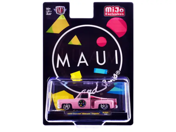 1979 Chevrolet Silverado Stepside Pickup Truck "Maui & Sons" Pink with White Top and Surfboard Limited Edition to 8360 pieces Worldwide 1/64 Diecast Model Car by M2 Machines #3