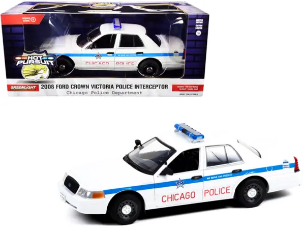 2008 Ford Crown Victoria Police Interceptor "CAPS" White with Blue Stripes "Chicago Police Department" "Hot Pursuit" Series 1/24 Diecast Model Car by Greenlight #1