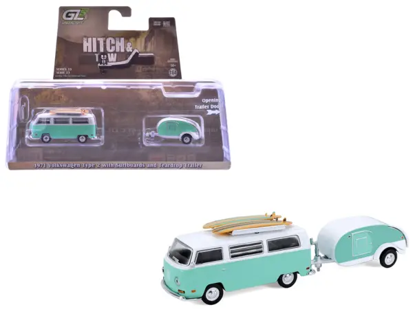 1971 Volkswagen Type 2 Van Seafoam Green and White with Surfboards and Teardrop Trailer "Hitch & Tow" Series 33 1/64 Diecast Model Cars by Greenlight #1