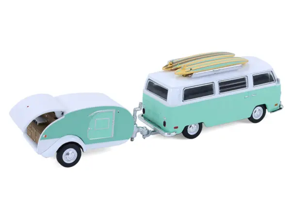 1971 Volkswagen Type 2 Van Seafoam Green and White with Surfboards and Teardrop Trailer "Hitch & Tow" Series 33 1/64 Diecast Model Cars by Greenlight #3