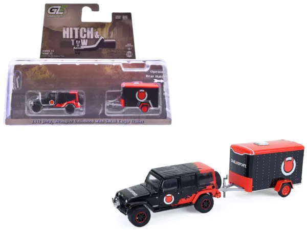 2012 Jeep Wrangler Unlimited "Diablo Sport" Black with Red Graphics and Small Cargo Trailer "Hitch & Tow" Series 33 1/64 Diecast Model Cars by Greenlight #1