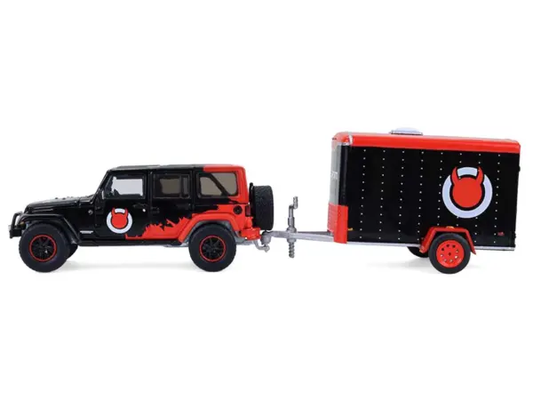 2012 Jeep Wrangler Unlimited "Diablo Sport" Black with Red Graphics and Small Cargo Trailer "Hitch & Tow" Series 33 1/64 Diecast Model Cars by Greenlight #2