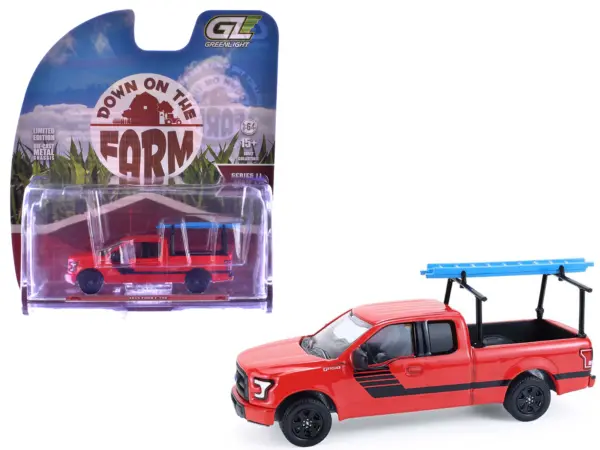 2015 Ford F-150 Pickup Truck with Ladder Rack Red with Black Stripes "Down on the Farm" Series 11 1/64 Diecast Model by Greenlight #1