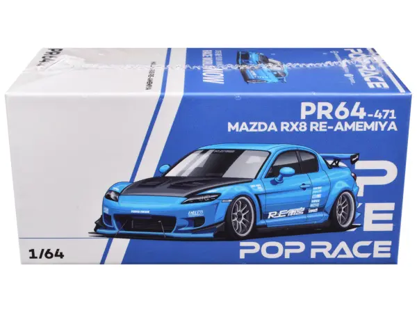 Mazda RX8 RE Amemiya RHD (Right Hand Drive) Light Blue with Carbon Hood "Tokyo Auto Salon 2026" 1/64 Diecast Model Car by Pop Race #3
