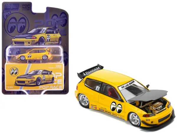 Pandem Civic EG6 RHD (Right Hand Drive) "Mooneyes" Yellow with Carbon Hood "Enigma Exclusive Edition" 1/64 Diecast Model Car by Pop Race #1