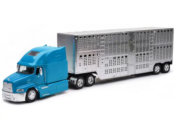Mack Pinnacle Truck with Pot Belly Livestock Trailer Blue and Chrome "Long Haul Truckers" Series 1/32 Diecast Model by New Ray #2