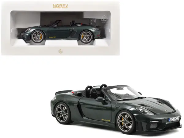 2023 Porsche 718 Spyder RS Weissach Pack Forest Green Metallic with Carbon Hood Stripes 1/18 Diecast Model Car by Norev #1