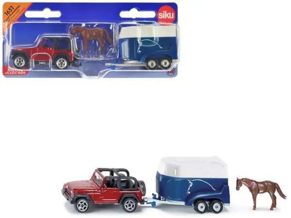 Jeep Red with Horse Trailer Blue and Horse Accessory Diecast Model by Siku #1