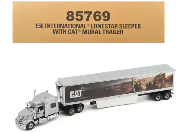 International Lonestar Truck with Sleeper Silver Metallic with "CAT Caterpillar" Mural Trailer "Transport Series" 1/50 Diecast Model by Diecast Masters #1