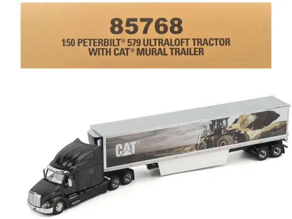 Peterbilt 579 UltraLoft Truck Tractor Black Metallic with "CAT Caterpillar" Mural Trailer "Transport Series" 1/50 Diecast Model by Diecast Masters #1