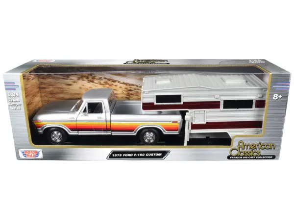 1979 Ford F-150 Custom Pickup Truck Silver Metallic with Side Stripes with Camper Shell "American Classics" Series 1/24 Diecast Model Car by Motormax #1