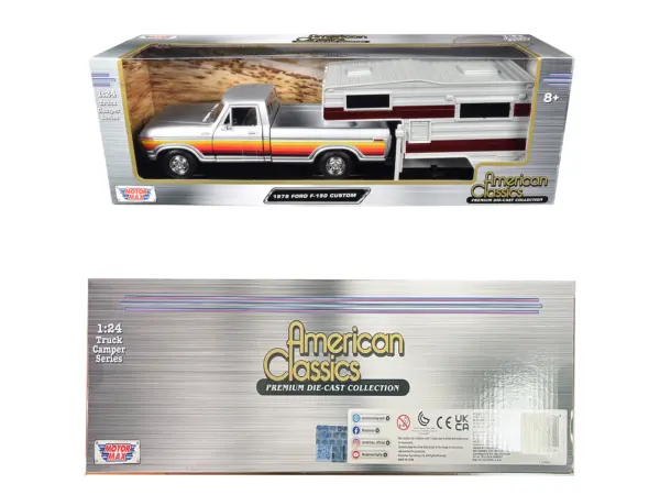 1979 Ford F-150 Custom Pickup Truck Silver Metallic with Side Stripes with Camper Shell "American Classics" Series 1/24 Diecast Model Car by Motormax #2