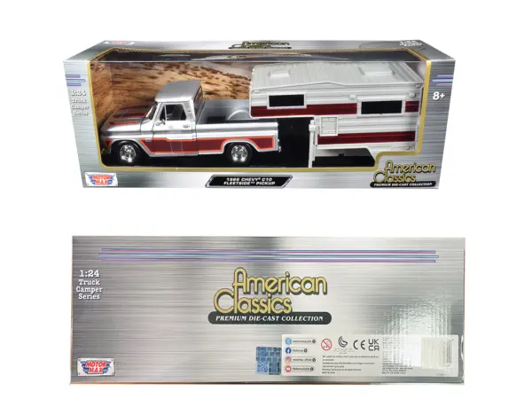 1966 Chevrolet C10 Fleetside Pickup Truck Silver Metallic with Brown Sides with Camper Shell "American Classics" Series 1/24 Diecast Model Car by Motormax #3