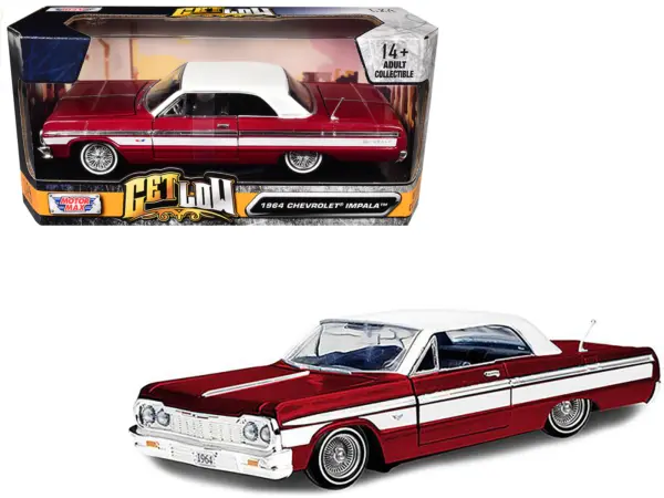 1964 Chevrolet Impala Lowrider Hard Top Candy Red Metallic with White Top "Get Low" Series 1/24 Diecast Model Car by Motormax #1