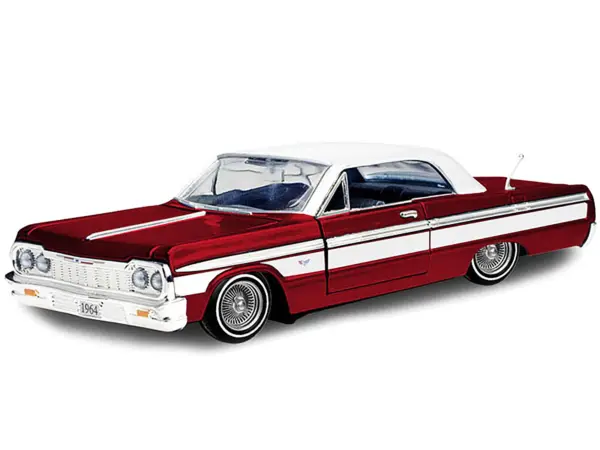 1964 Chevrolet Impala Lowrider Hard Top Candy Red Metallic with White Top "Get Low" Series 1/24 Diecast Model Car by Motormax #2