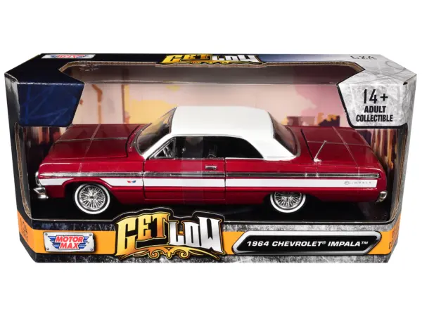 1964 Chevrolet Impala Lowrider Hard Top Candy Red Metallic with White Top "Get Low" Series 1/24 Diecast Model Car by Motormax #3