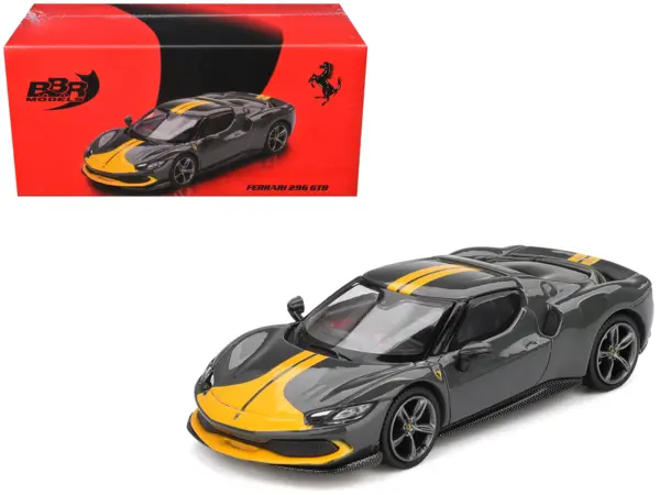 Ferrari 296 GTB Assetto Fiorano Grigio Scuro (Dark Gray) with Yellow Stripes 1/64 Diecast Model Car by BBR #1